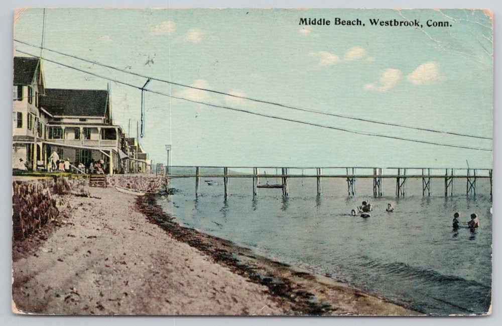 Middle Beach Westbrook CT 1914 Postcard - Danziger & Berman Shore Pier Swimmers