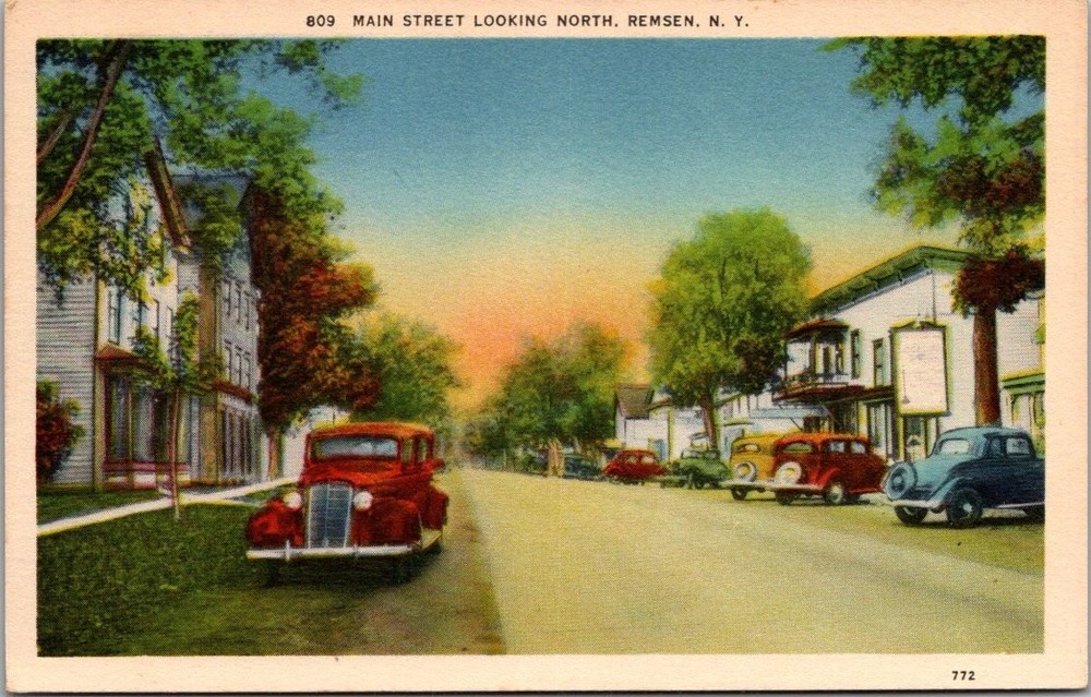 Vintage Main Street Remsen NY Postcard 1940s Classic Cars Standard Supply