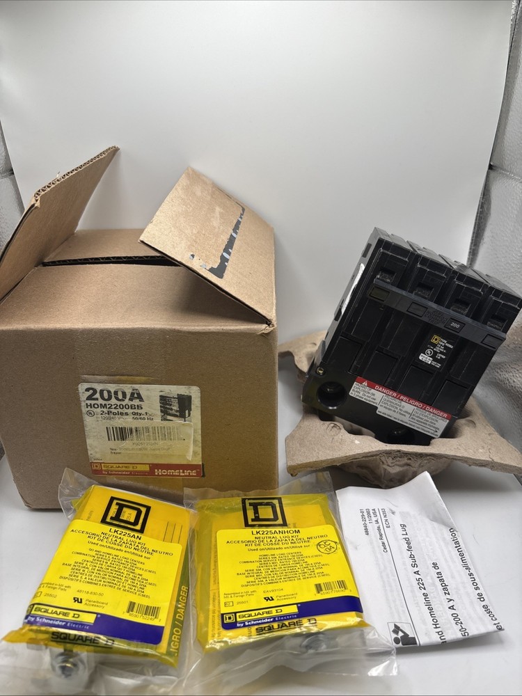 Square D HOM2200BB 200A 2-Pole Breaker + LK225AN Neutral Lug Kits