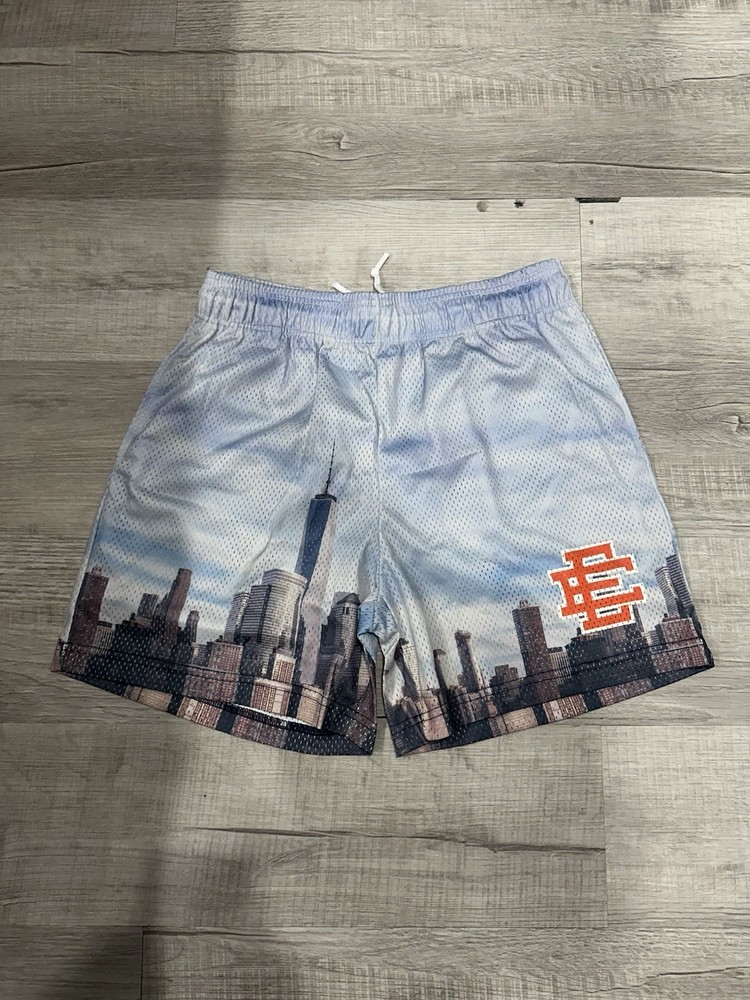 Eric Emanuel Blue Mesh Cityscape Shorts Drawstring Breathable Pockets Logo