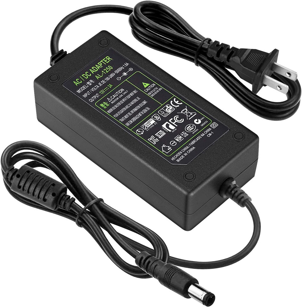 DC 12V 3A Power Adapter, US Plug, 4.6FT Power Cord, 36 Watt AC 100-240V to DC 12