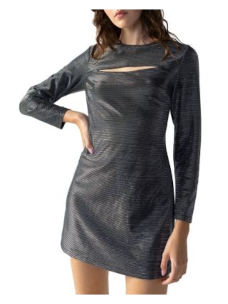 SANCTUARY Womens Silver Lined Long Sleeve Round Neck Short Party Sheath Dress M