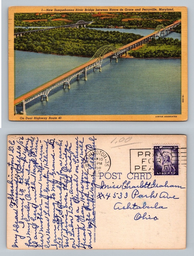 Perryville, MD-Maryland Susquehanna River Bridge Dual Hwy Vintage c1956 Postcard