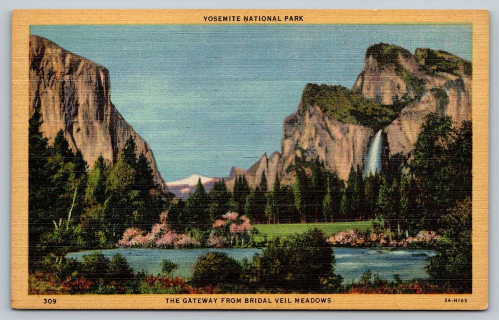 Vintage Yosemite National Park Bridal Veil Meadows Linen Postcard