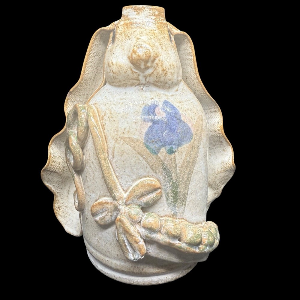 Studio Art Pottery Long Ear Rabbit Peas Lily Signed Roberts EAR CHIP Clay Sculpture