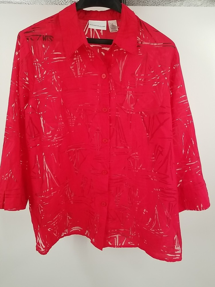 Alfred Dunner Womens See Through Sheer Red  3/4 Sleeve Button Up Size 14 Top