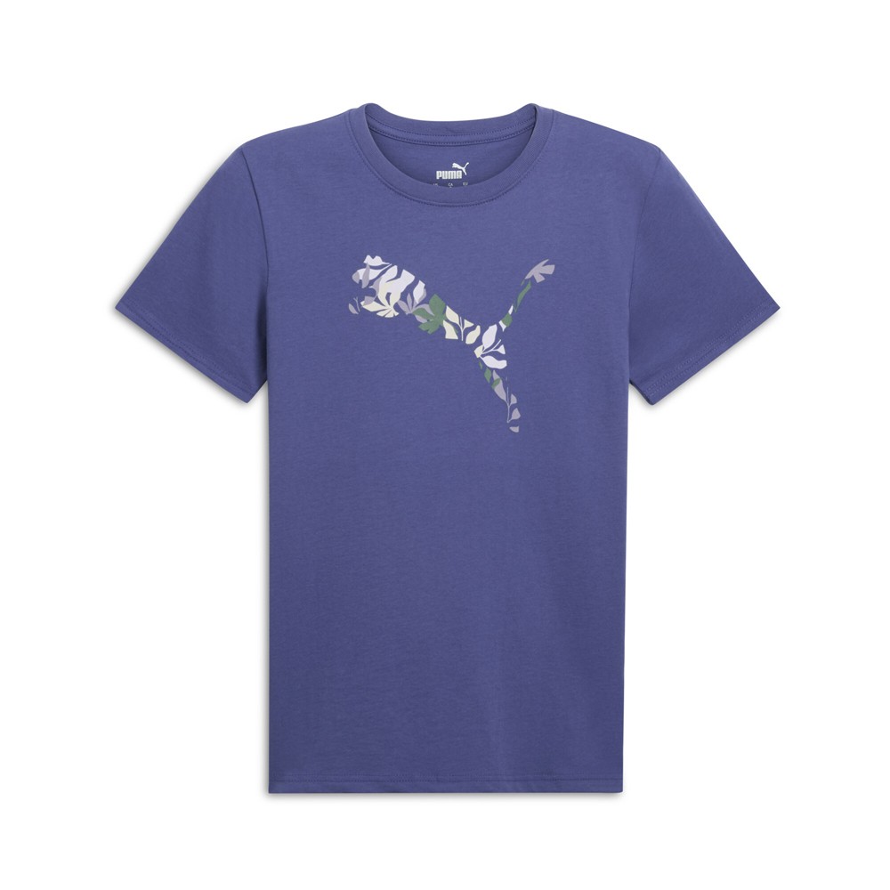 PUMA Floral Graphic Logo Crew Neck Short Sleeve T-Shirt Womens Blue Casual Tops
