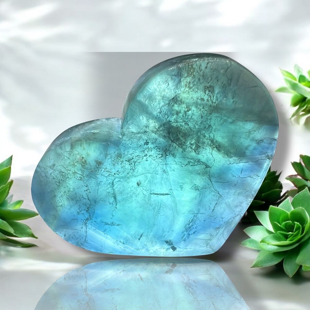 Blue Green Fluorite Crystal Heart Pair Natural Healing Stone