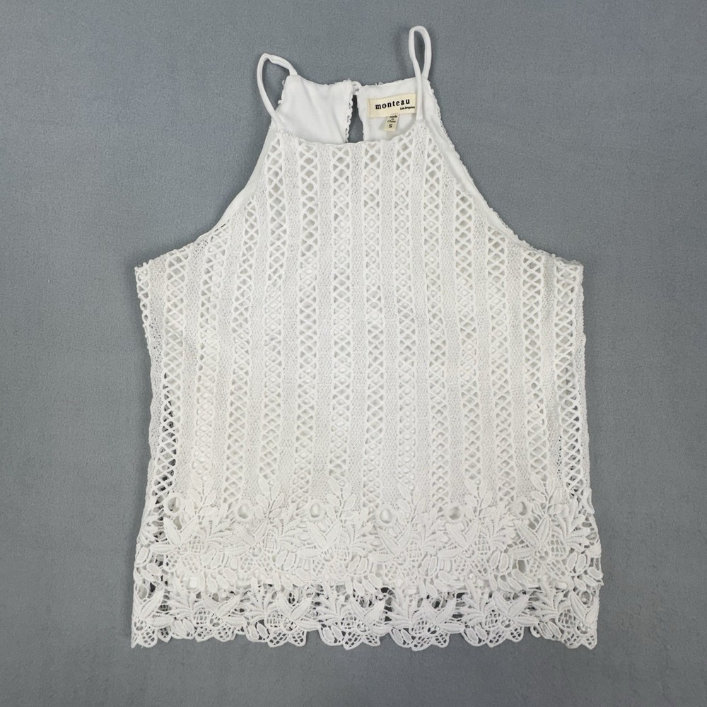 Monteau White Lace Halter Crop Top Womens Small Boho Festival Cottagecore