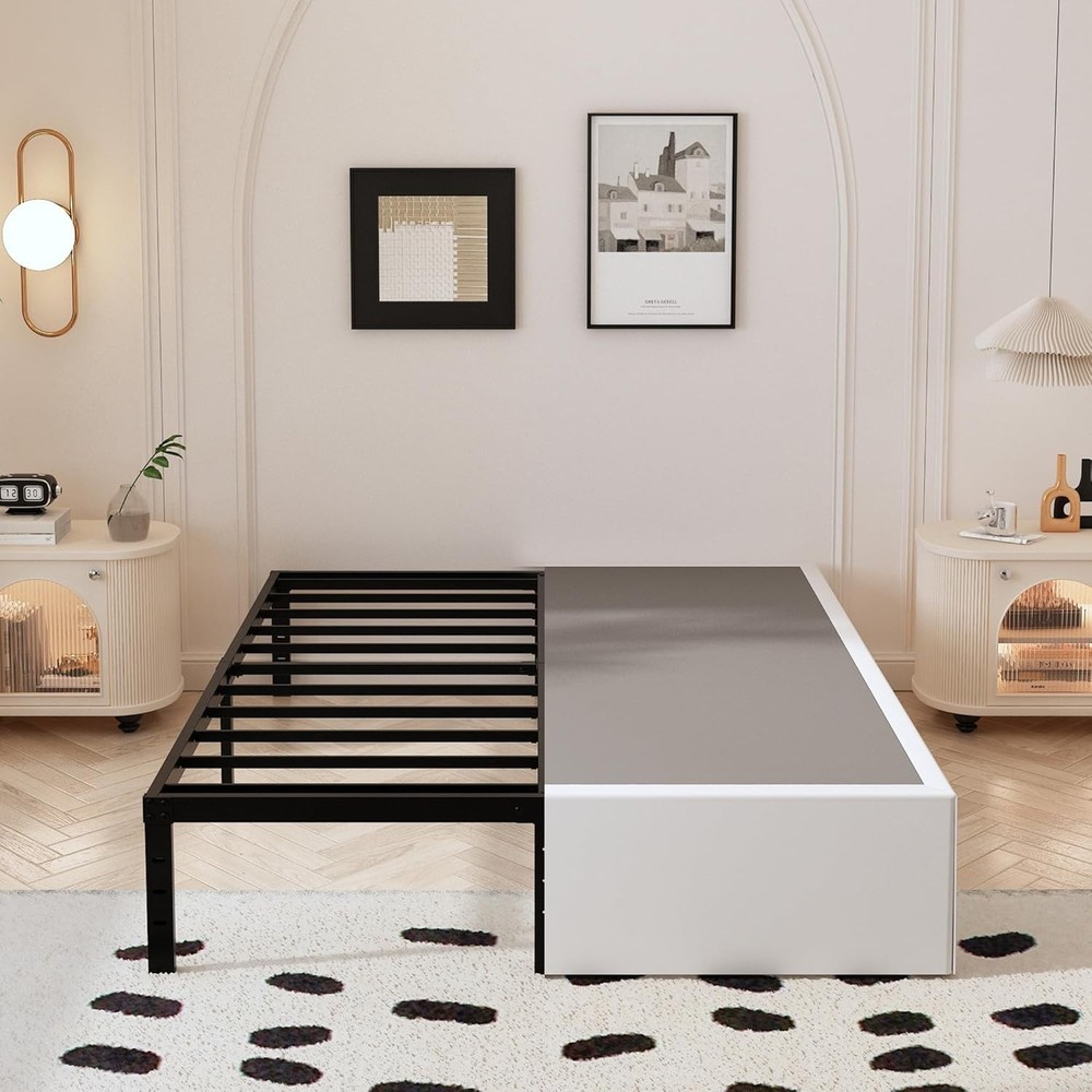 Bed Frame Queen 14 Inch 3000 lb Heavy Duty Metal Black Maenizi Size White Fabric
