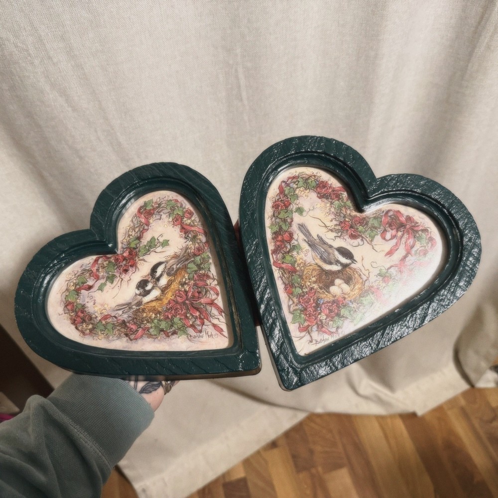 Vtg 1987 Home Interiors Heart Shape Picture Sweet Birds Roses Cottage core Green