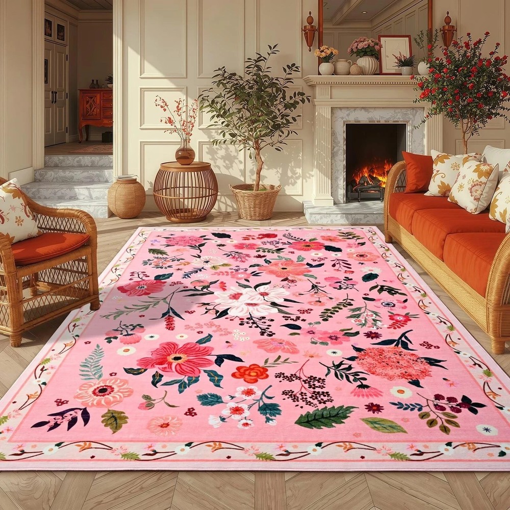 5x7 Pink Floral Rug for Living Room, Machine Washable Area Rugs with Non Slip...