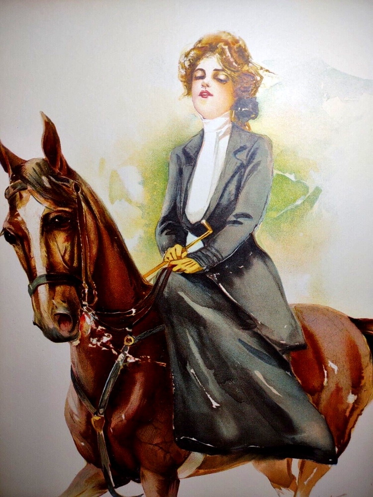 Victorian Art Print Women Rides Horse Original 10X13 Lithograph 1908 Maud Stumm