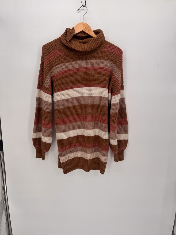 Pink Rose Women's Striped Knit Sweater Tunic Large Boho Chic Turtle Neck Waffle