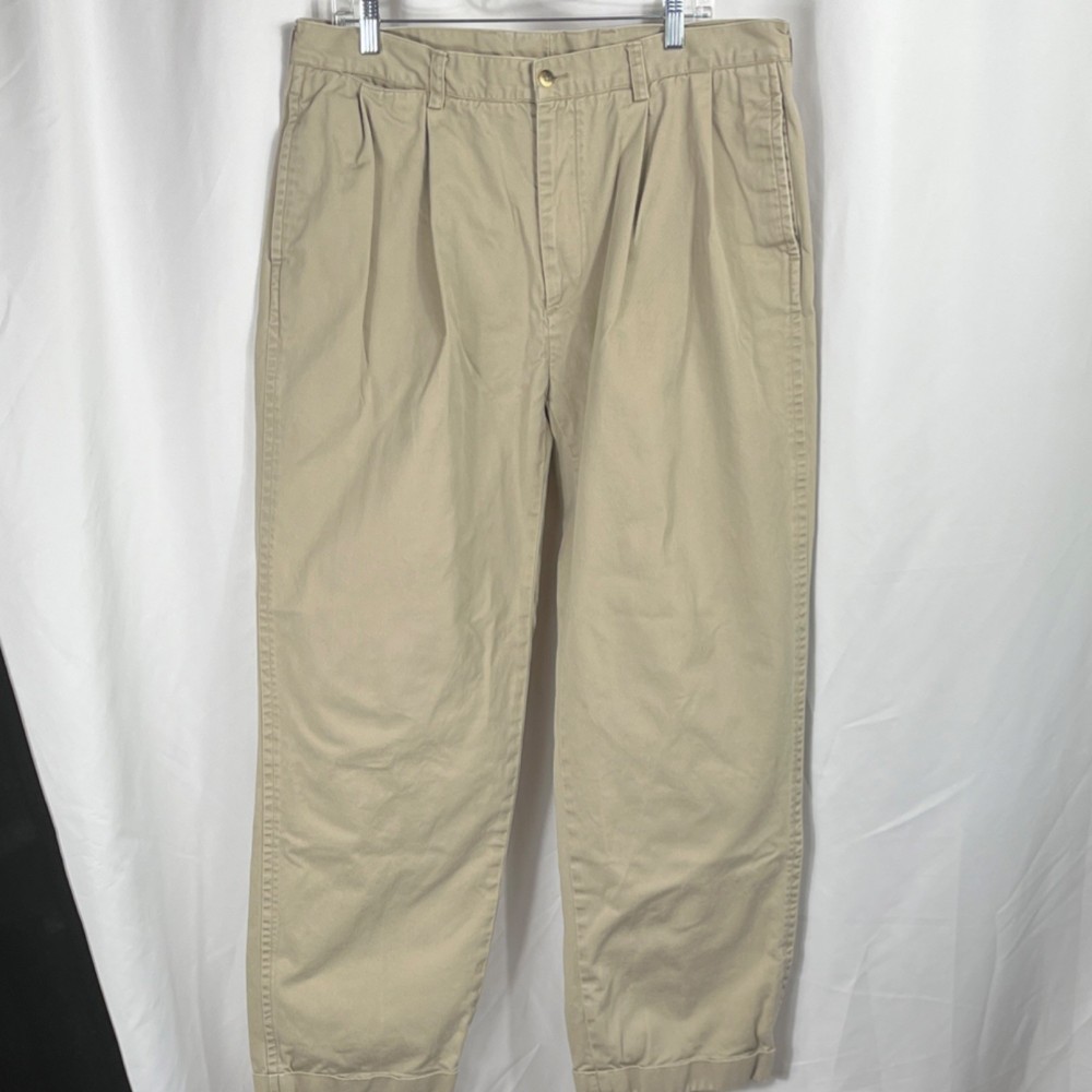 Nautica Men's Beige Pleated Cuffed Cotton Twill Straight Casual Pants 38W/32L
