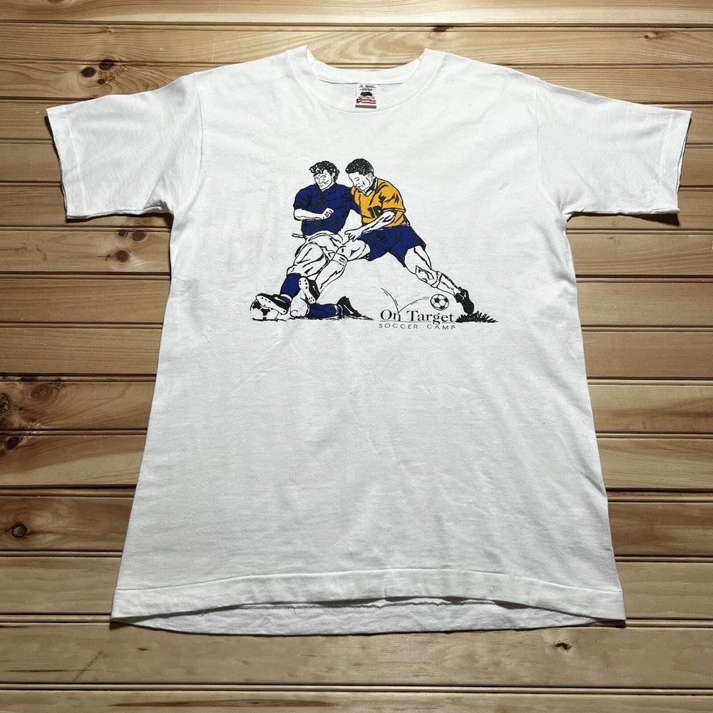 Vintage 90s On Target Slide Tackel Soccer Camp Art Shirt Size Medium Autographed