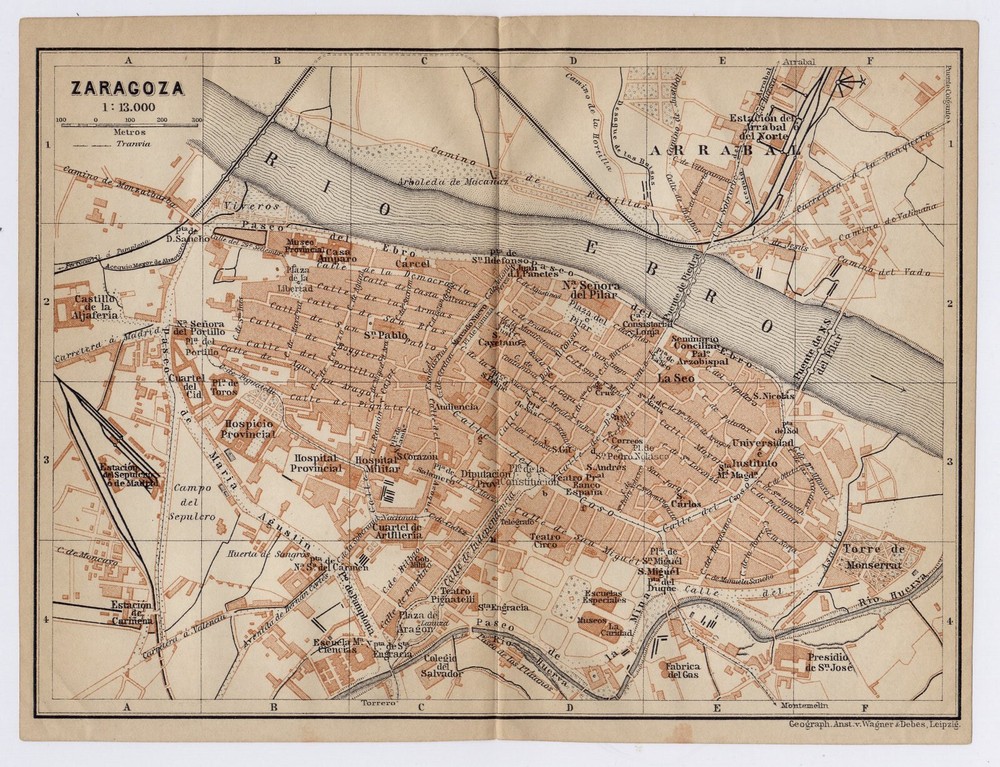1913 Original Antique City Map Of Zaragoza Saragossa / Aragon / Spain