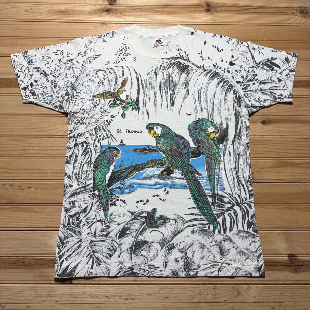 Vintage 90s St. Thomas Parrot Beach Tropical AOP Souvenir T-Shirt USA - Large