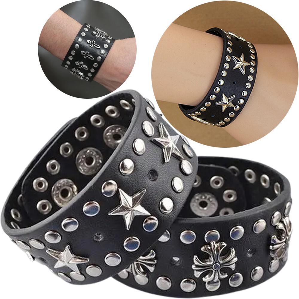 Punk Goth Bracelet for Men Women Leather Spike Rivet Metal Studded Wristband US