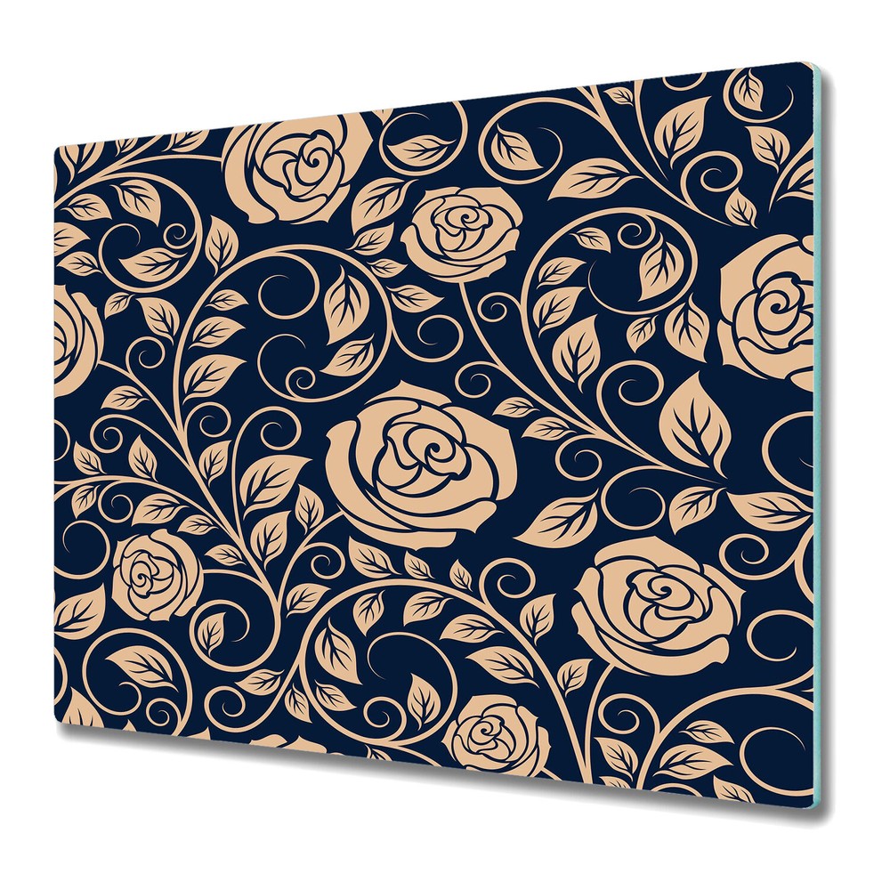 Glass Induction Ceramic Hob Cover Vintage roses flowers golden and blue 60x52