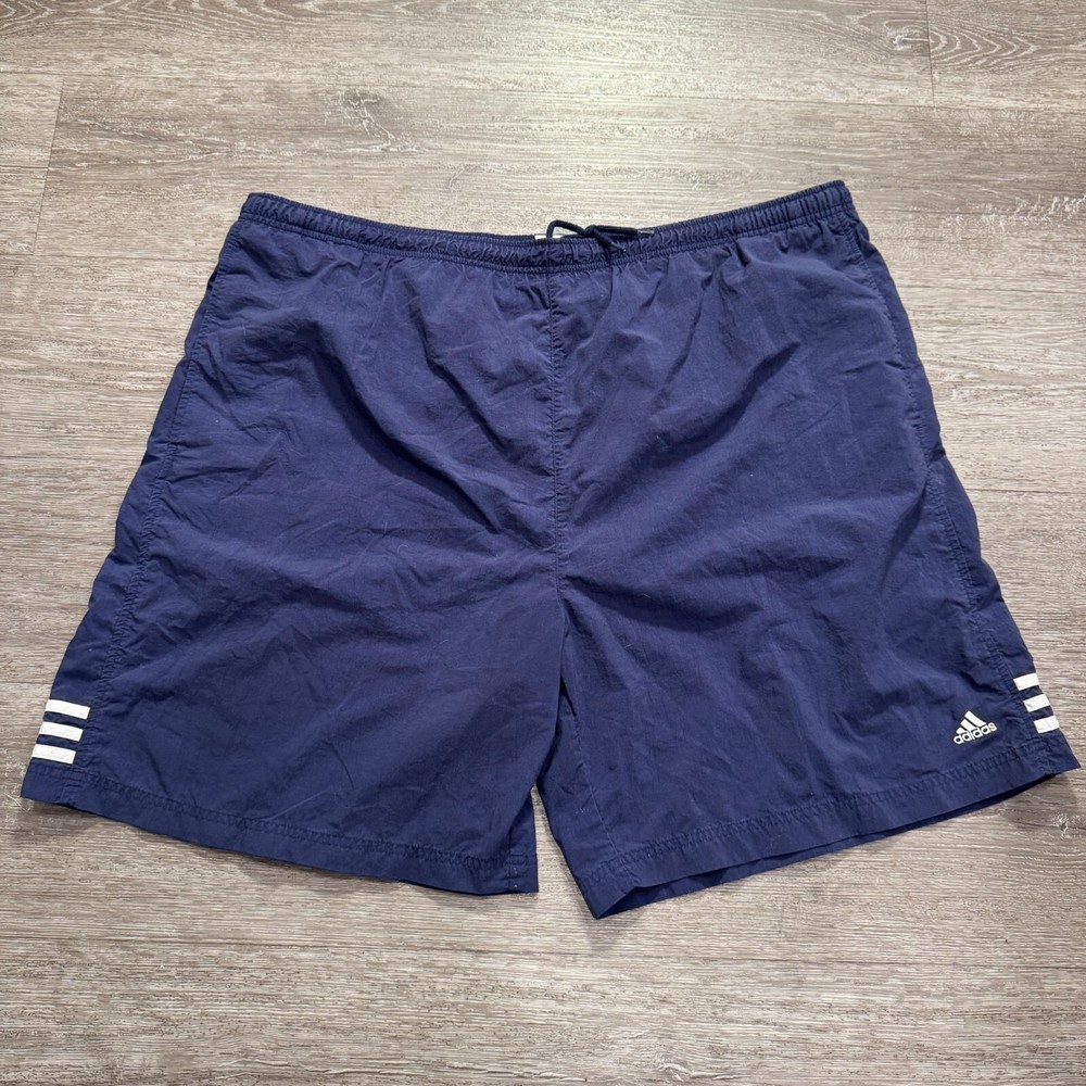Vintage Adidas Shorts Mens 2XL Blue Mesh Lined Swim Trunk Nylon Drawstring Y2K