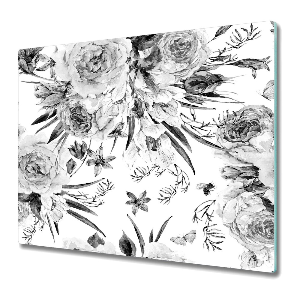 Glass Worktop Kitchen Chopping Board Charcoal Roses Floral Watercolour 60x52
