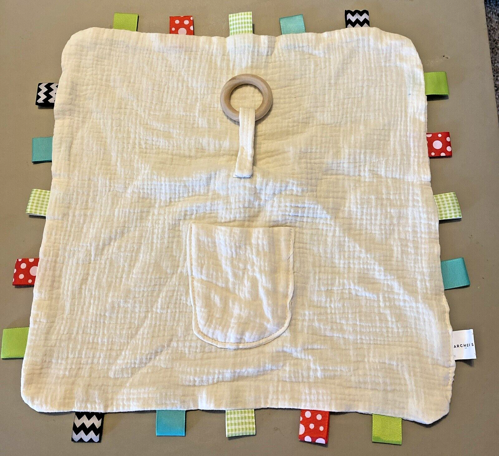 Archer's Off  White Muslin Baby Lovey Blanket Loop Tags Pocket unisex