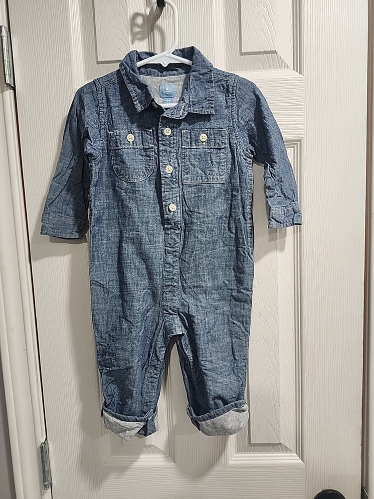Baby Gap Denim Chambray Blue Romper Roll Tab Sleeves & Cuffs Size 18-24 Months
