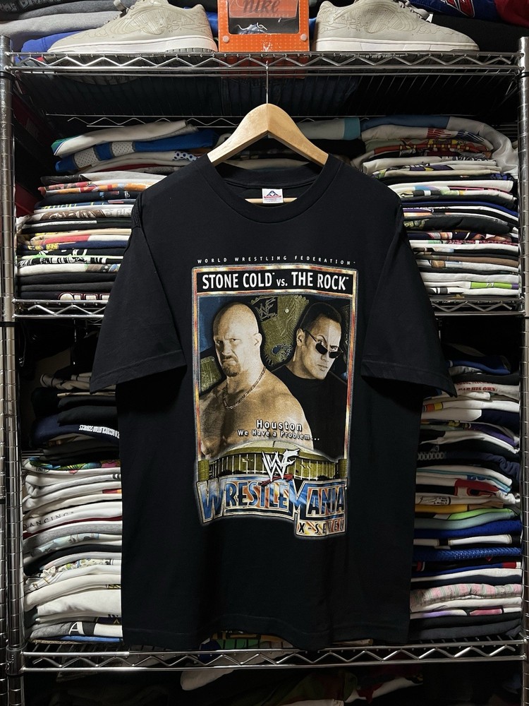 Vintage Wrestlemania 17 Stone Cold Vs The Rock T-Shirt Size L Black WWF WWE