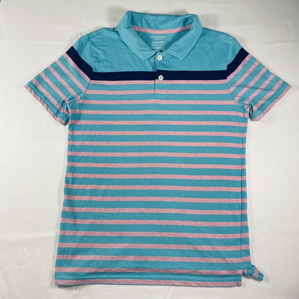 Arizona Jean Co. Boys’ Polo Shirt Striped Pink Blue Size XL 18 / 20 Short Sleeve
