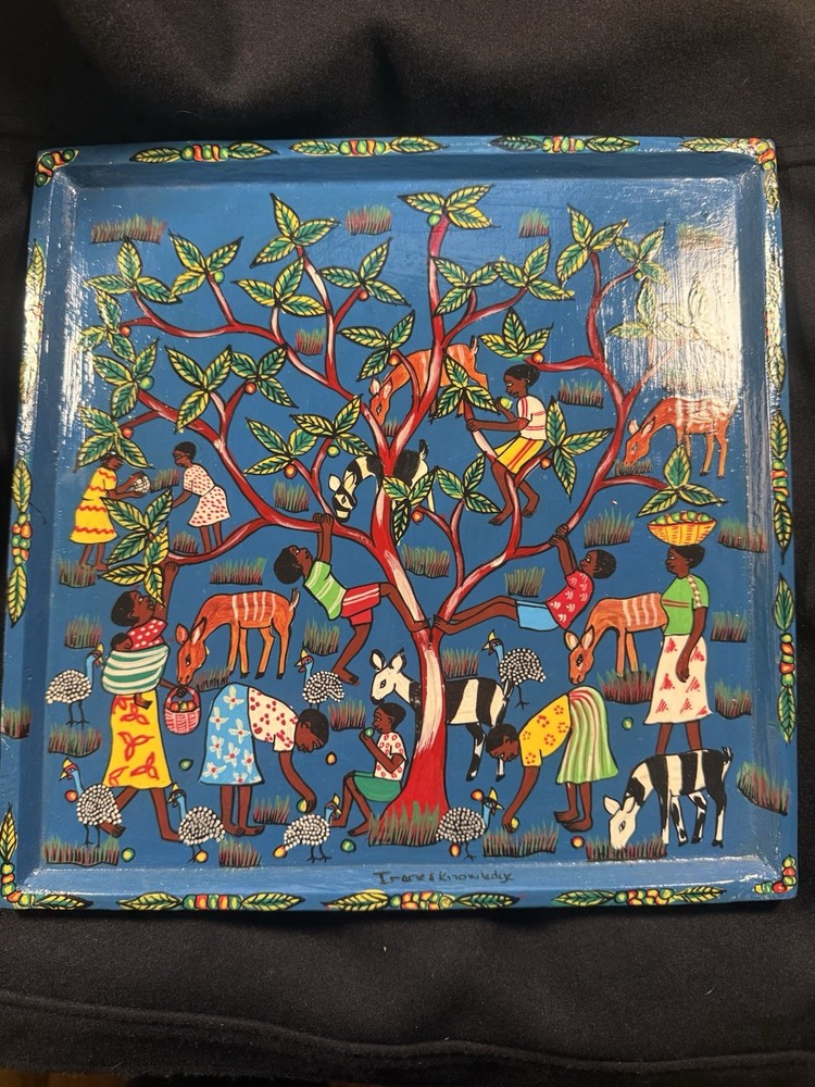 Fruit Pickers African Folk Art Painting on Wood Signed Irene KnowledgeOOAK 12x12