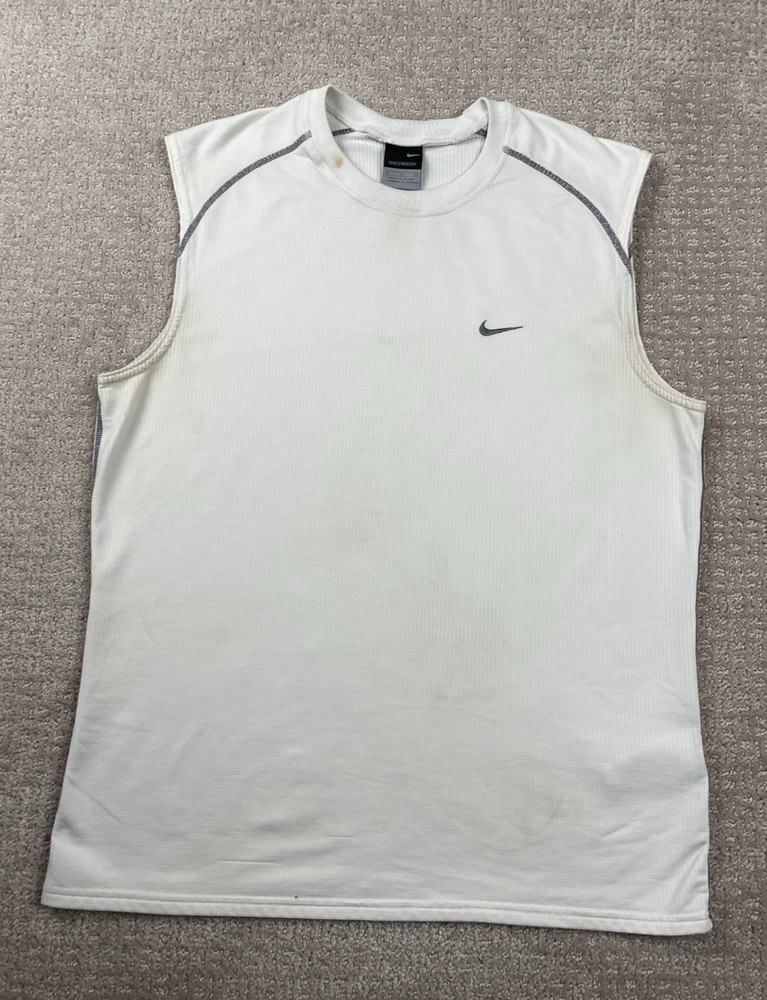 Vintage Nike Tank Top Mens Small White Sphere Dry Short Sleeve Swoosh Active Y2K