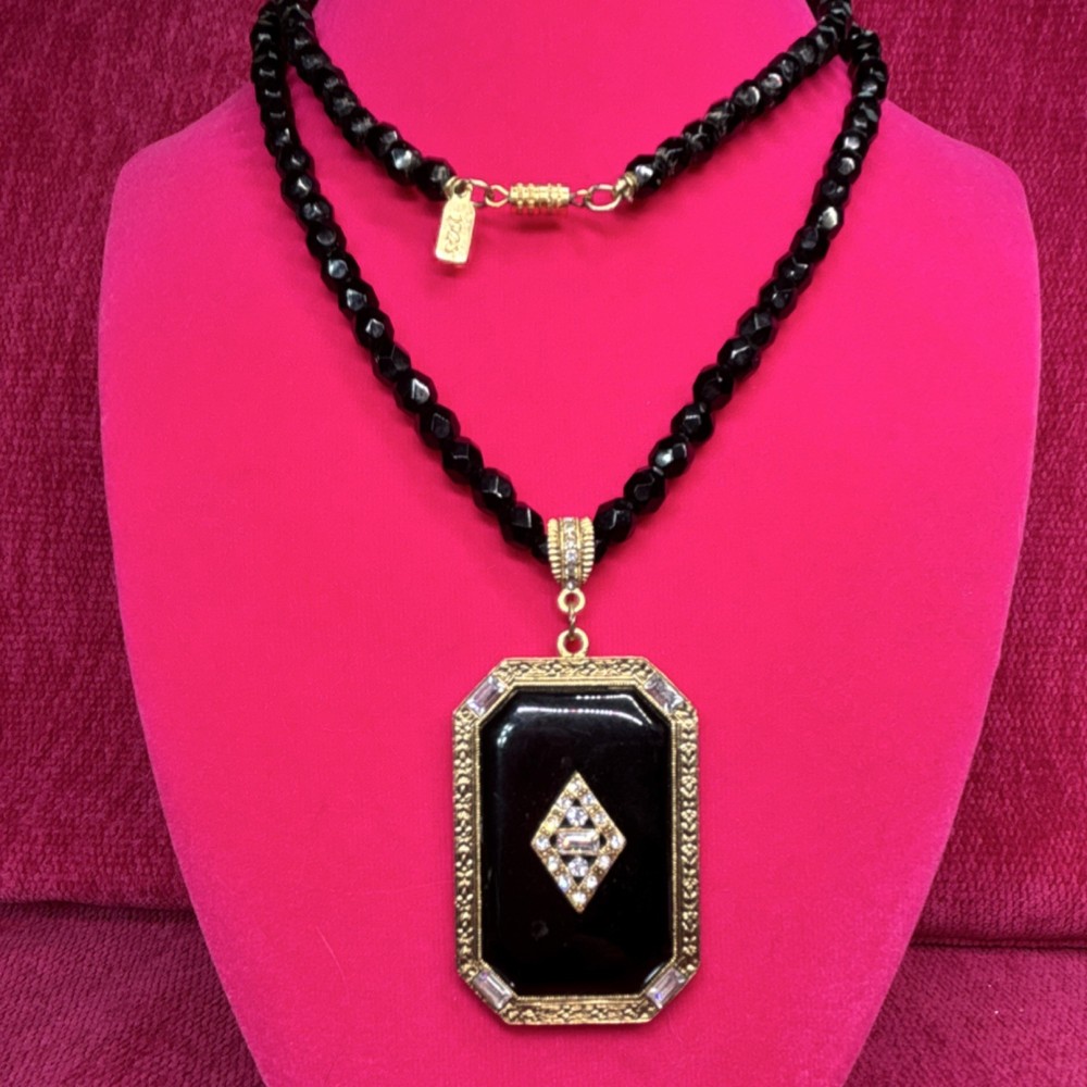 Vintage 1928 Black Glass Beaded Statement Necklace Octagonal Gold Pendant