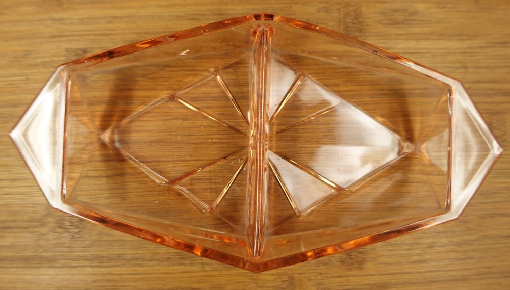 Vintage Pink Depression Glass Geometric Relish Pickle Dish