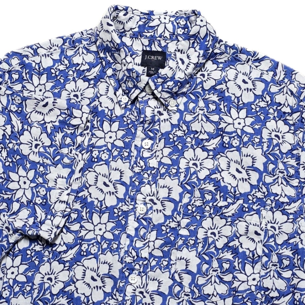 J Crew Classic Linen Blend Blue Floral Short Sleeve Shirt Mens M
