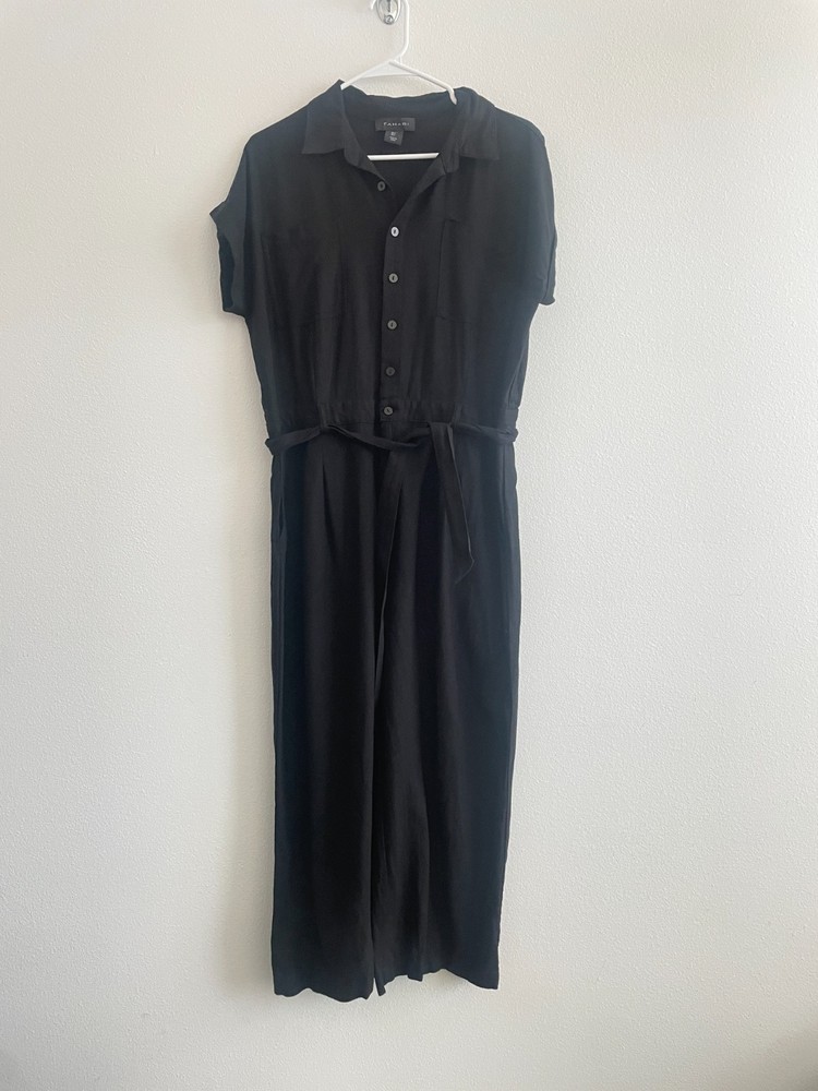 Tahari Jumpsuit Women L Black 100% Linen Button Collared Wide Leg Belt Coastal