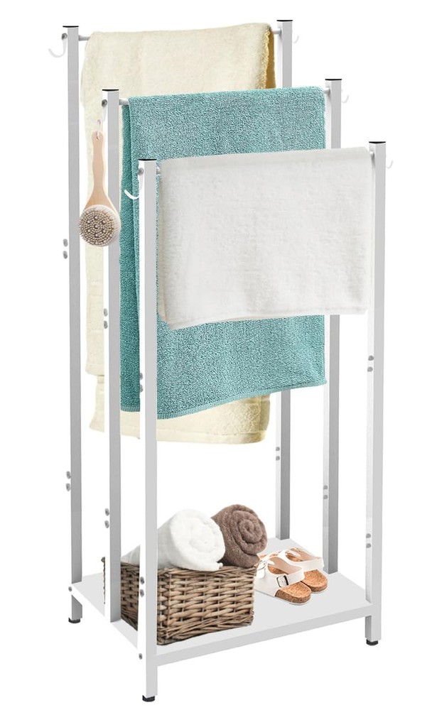44 Inch Tall Free Standing Towel Rack with Metal Storage Shelf & 6 Hooks for ...