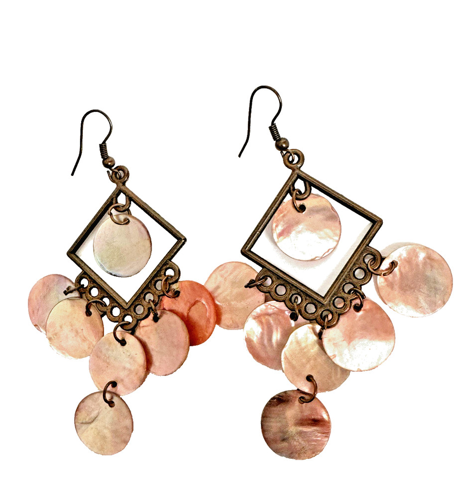 Earrings Capiz Shell Discs Coral Pink Natural Chandelier Metal Dangle Drop 3