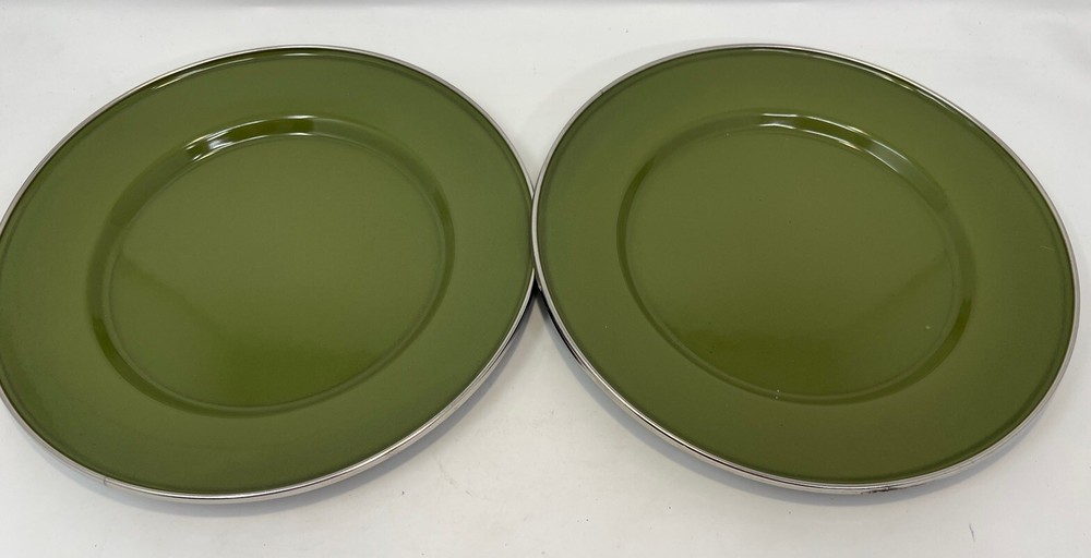 Crate and Barrel Olive Green Enamelware Dinner Plates Set of 2 Metal 10.25 in