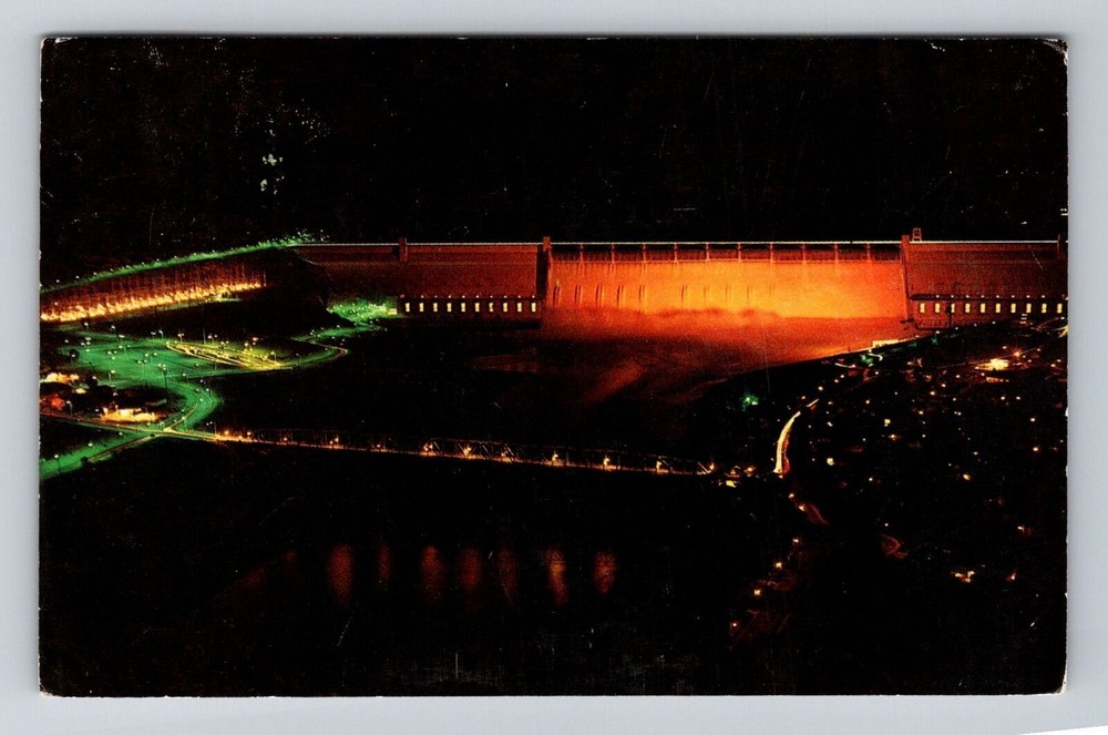 Grand Coulee Dam WA-Washington, Scenic Night Scene Of Dam, Vintage Postcard