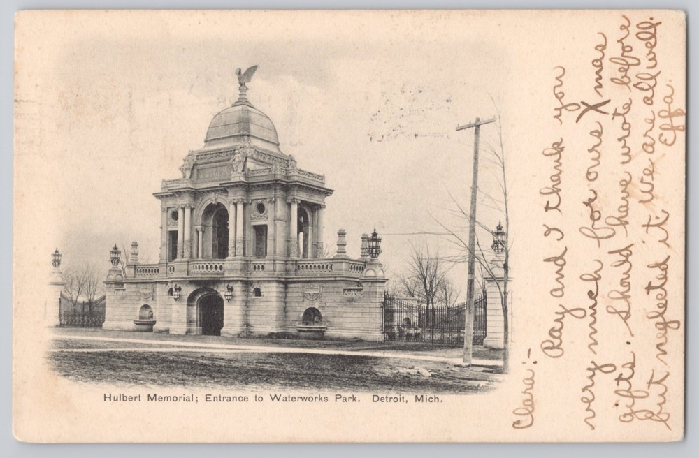 Detroit, Mich Hulbert Memorial, Entrance to Waterworks Park, Undivided Back