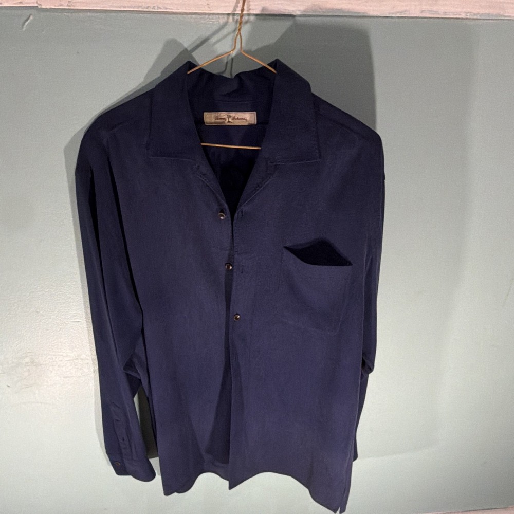 Tommy Bahama Men's L Blue Solid Silk Woven Long Sleeve Spread Collar Button-Up