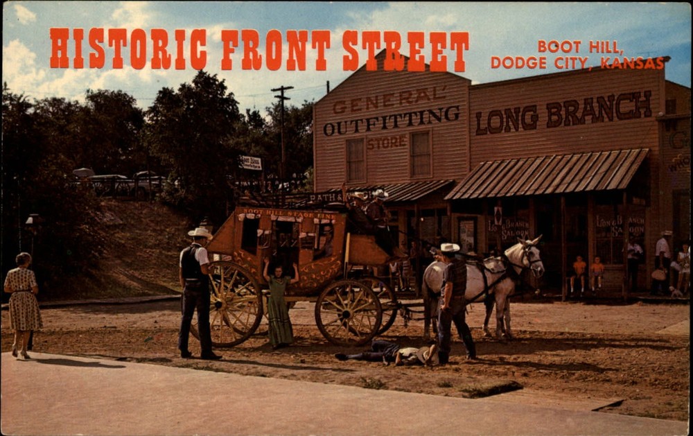 Kansas Dodge City Boot Hill Front Street stagecoach horses cowboys ~ postcard