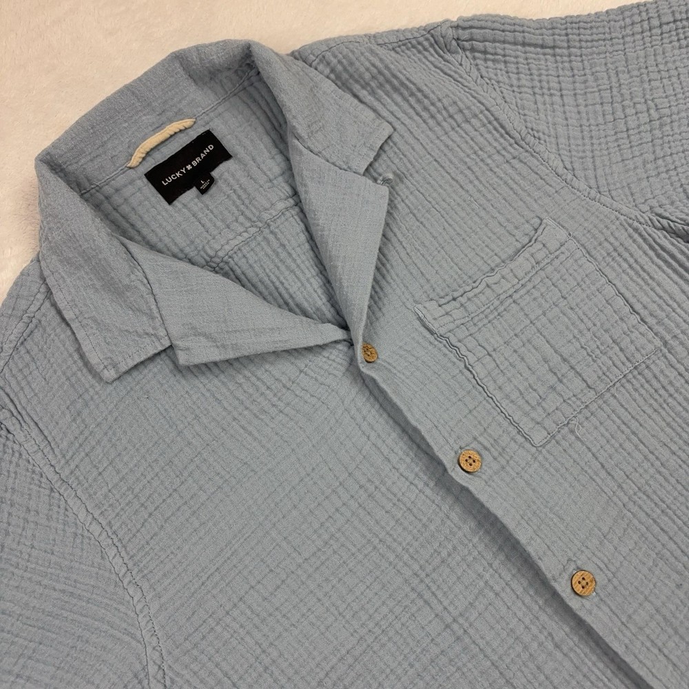 Lucky Brand Gauze Button Up Shirt Men L Blue Short Sleeve Pocket Lightweight