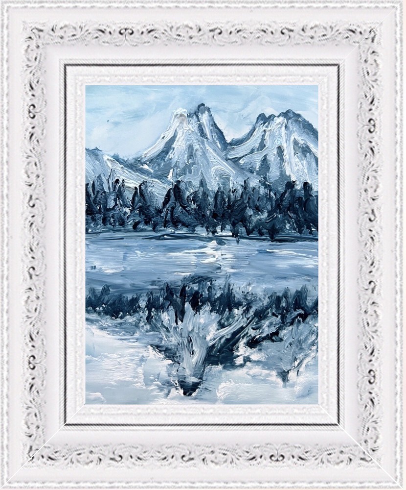 Framed Original Signed Artwork Icy Blue Lake Mountains Reflection Oil Painting