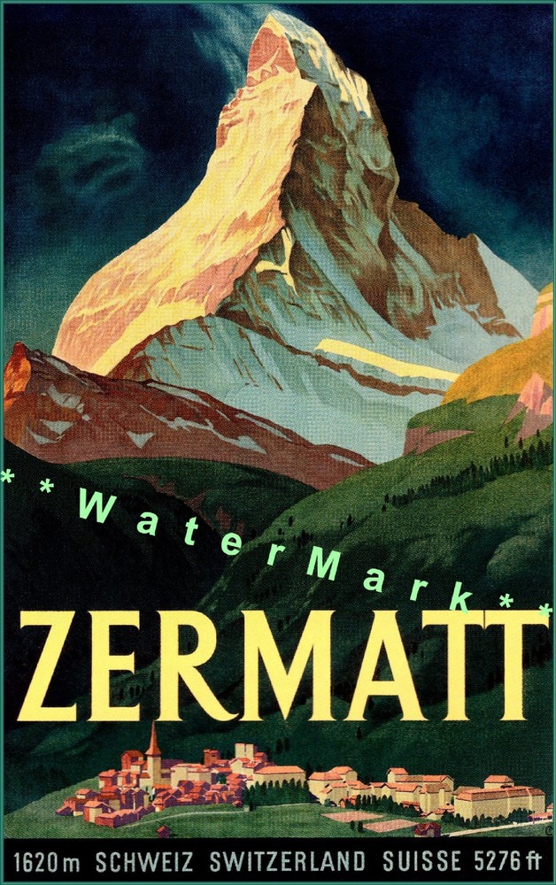 Zermatt Switzerland 1940 Vintage Poster Print Winter Travel Ski Resort Mountains