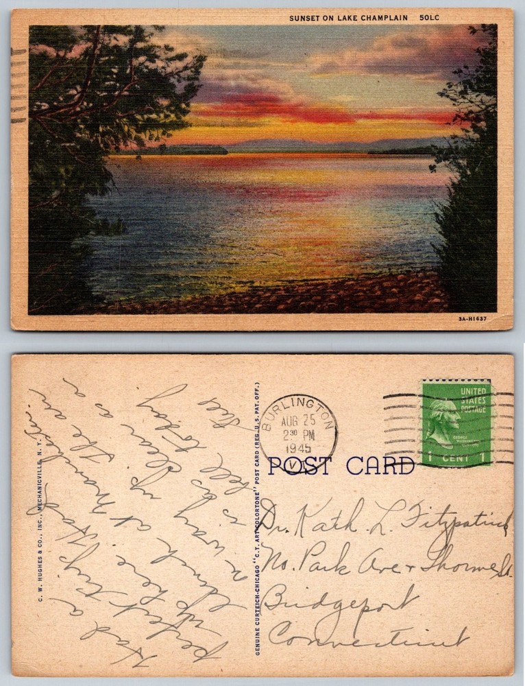 Vintage 1945 Lake Champlain Sunset Postcard Burlington VT Curteich Linen