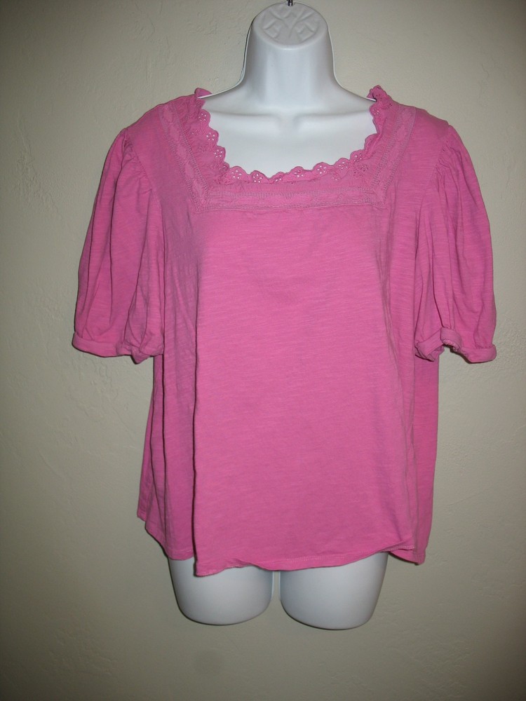 St Johns Bay Short Sleeve Shirt Sz XXL Pink Square Neck Puff Sleeve Womens