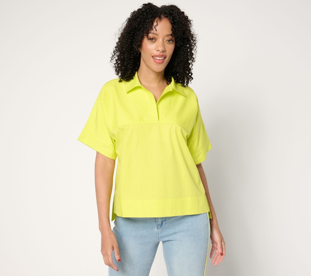 Studio Park Women's Top Sz L Short Sleeve Pullover Henley Shirt Green A682134