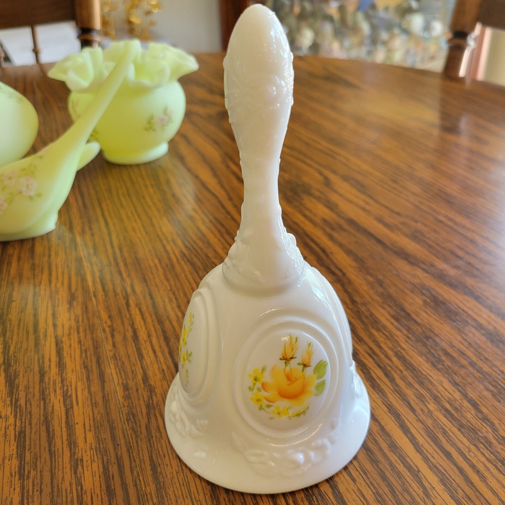 Fenton Milk Glass Bell With Yellow Roses Hand Painted By Frida Hubbard